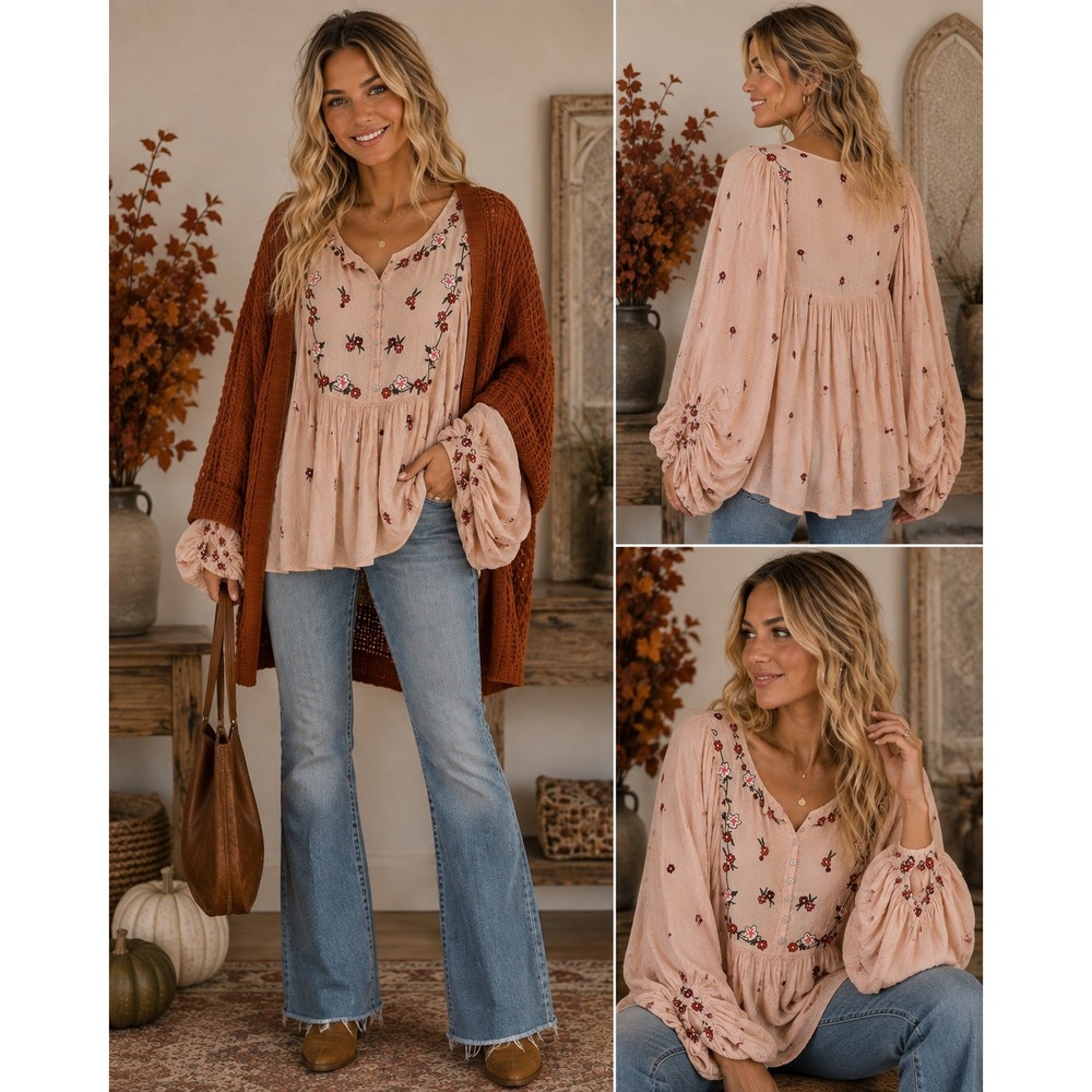 Free People Embroidered Boho Blouse Pink Floral Beaded Balloon Sleeve Top XS